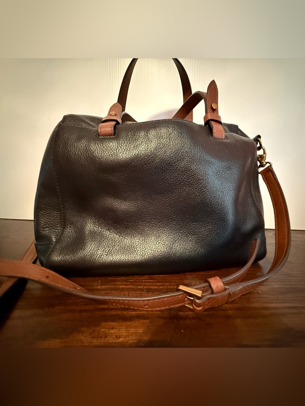 Fossil Black Leather Satchel with Brown Trim and Strap
